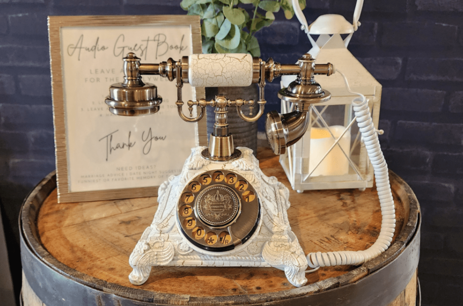 San Diego selfie booth vintage audio guestbook phone upgrade — white rotary phone on styled table