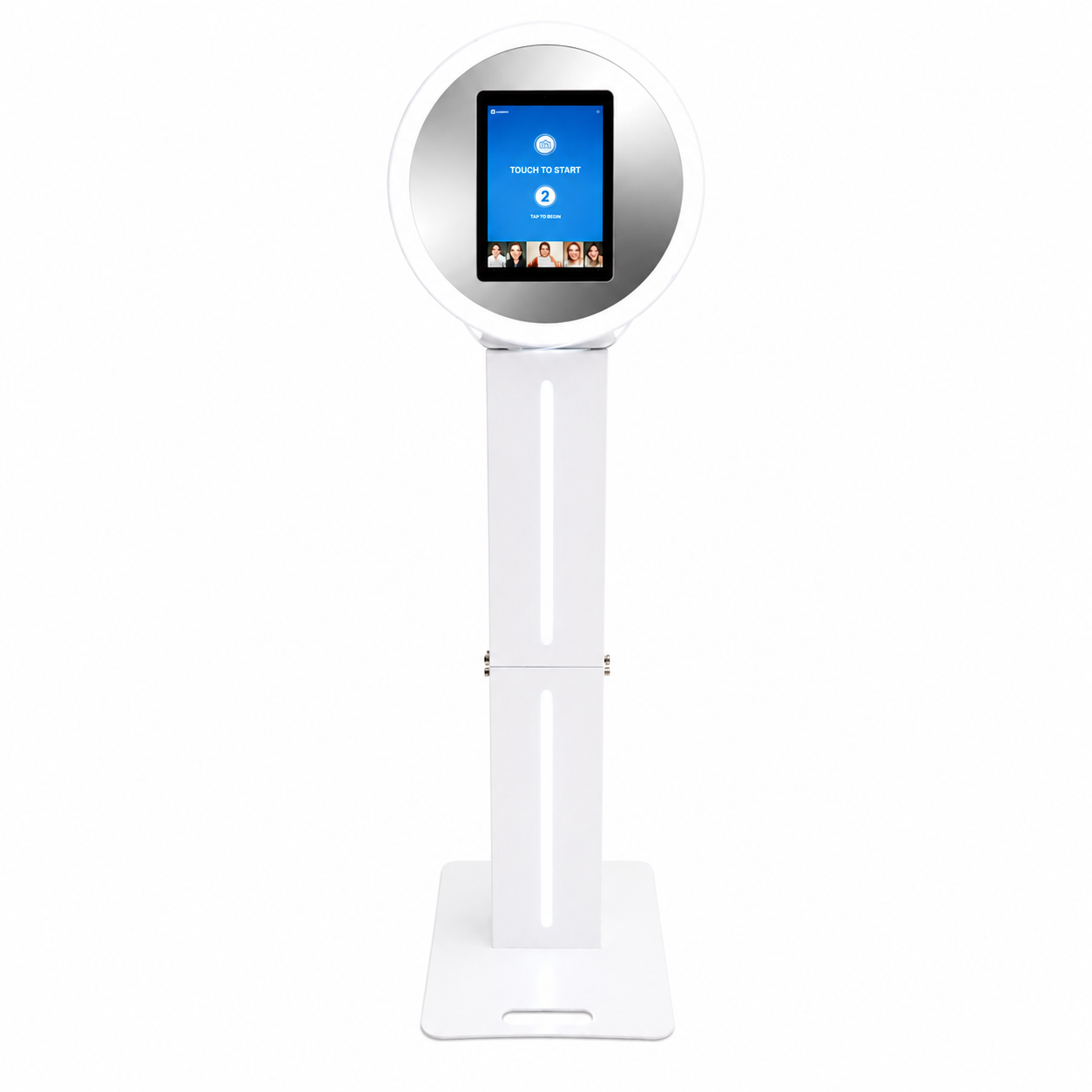 Mirror selfie booth rental San Diego — round ring-light kiosk with touch screen
