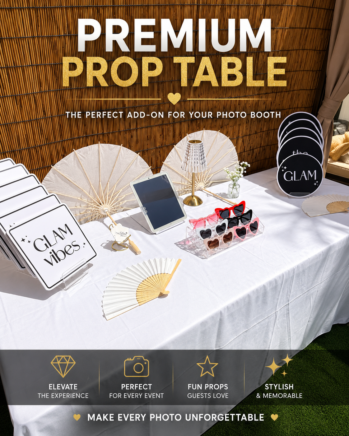 San Diego selfie booth premium props table upgrade — white table with glam fans, heart sunglasses, and glam vibes signs