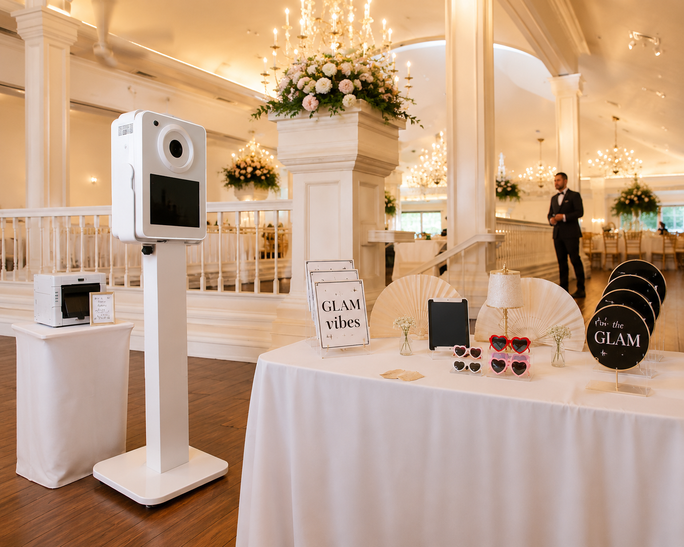 San Diego premium selfie booth King Package — DSLR photo booth with white flower wall, vintage audio guestbook phone, and luxury glam setup